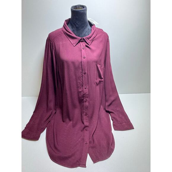 Torrid Women’s Sz 3 Burgundy Button Up Long Sleeve Shirt (22-24) Flowy Rayon - Picture 1 of 11